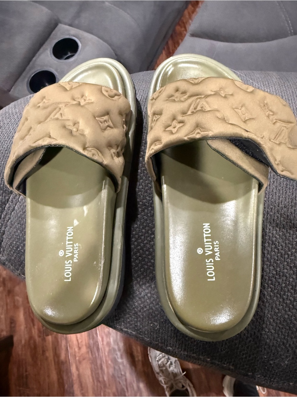 Women's Olive Green Monogram Slide Sandals